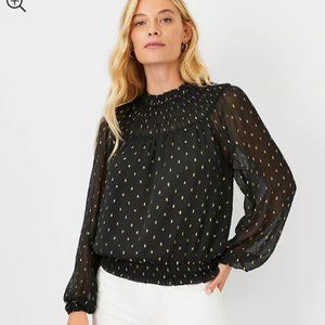 NWOT Metallic Clip Smocked Ruffle Neck Top